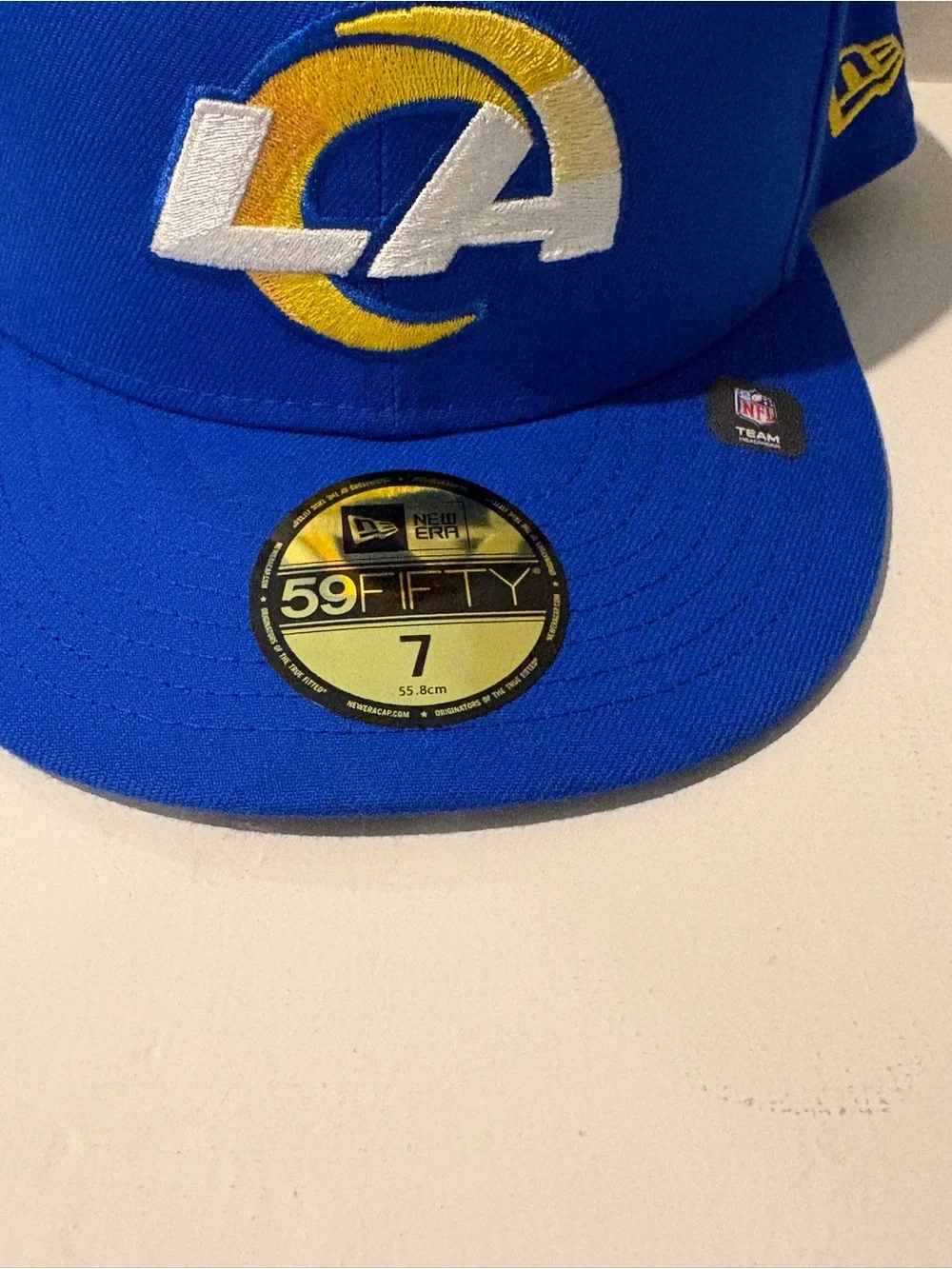 New Era Blue LA Logo Fitted Hat with White and Gold Embroidery